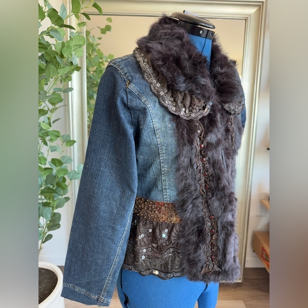 vintage 90s Y2K denim jean beaded embellished fur jacket